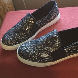 Black metallic lace flats